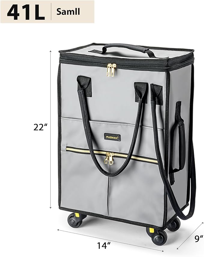Reusable Grocery Bag on Wheels, Foldable Rolling Duffle Bag, Carry on Luggage Bag with Handle and Zipper Cover for Travel, Lightweight Rolling Tote Shopping Carts (Matte-Orange, Small_41L)