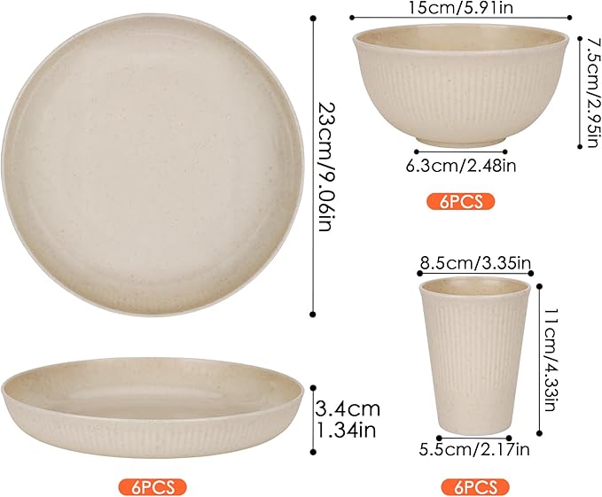 Wheat Straw Dinnerware Sets for 6 People 18pcs Camping Plates and Bowls Set | Unbreakable Dish Set Reusable Picnic Set, 23cm Plates, 350ml Cups, 15cm Bowls, Microwave and Dishwasher Safe