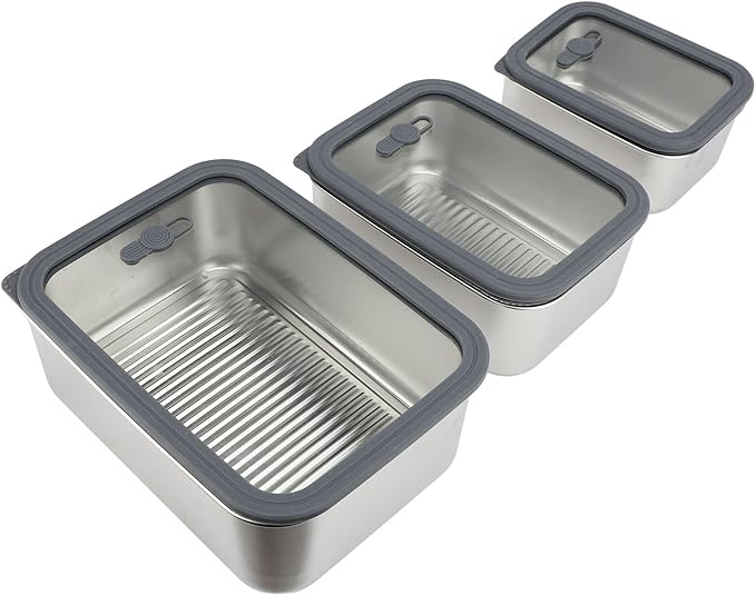 3PCS Food Storage Container Set 304 Stainless Steel Food Prep Container Lunch Box with Airtight Glass Lid for Kitchen