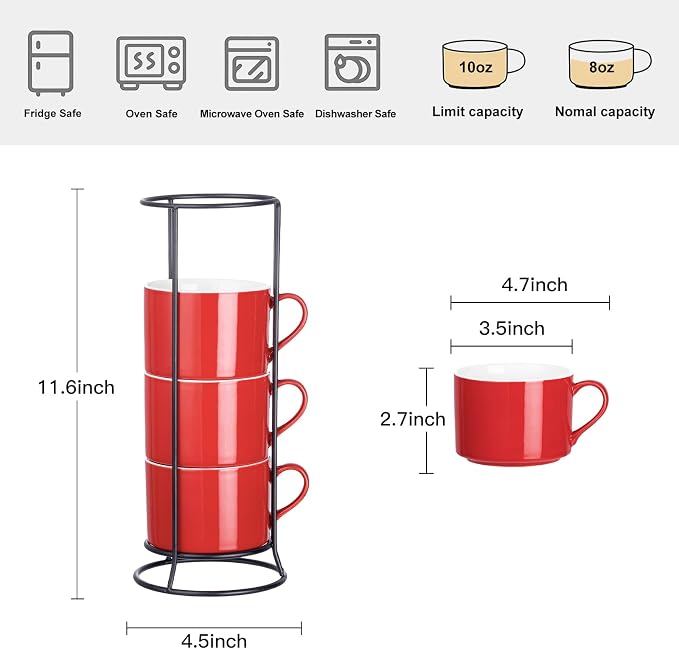 10oz Porcelain Stackable Coffee Mugs and Metal Stand Set of 4, Espresso Cups Set for Hot Drinks, Cappuccino, Tea-Red