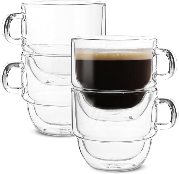 BTaT- Double Walled Stackable Glass Coffee Mugs, 16 oz, Set of 4, Glass Coffee Cups with Handle, Insulated Clear Coffee Mug for Hot and Cold Beverages, Cappuccino, Latte, Tea, Americano
