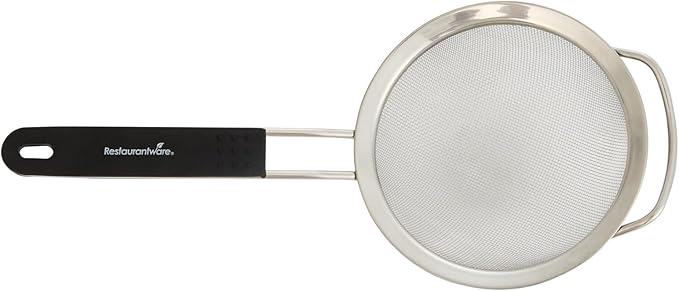 Restaurantware Fine Mesh Strainer 1 Count 12.6" x 5.5" x 2.3" with Silicone Handle Stainless Steel Extra Fine Mesh Strainer Heat-Resistant Handle Dishwasher-Safe for Rice, Quinoa, Pasta