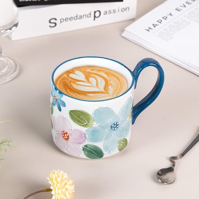KAMMAK Ceramic Coffee Mug, 13.5oz Blue Mugs Set of 2, Novelty Cup for Tea, Juice, Milk, Cute Porcelain Water Cups with Handle for Women, Dishwasher and Microwave Safe