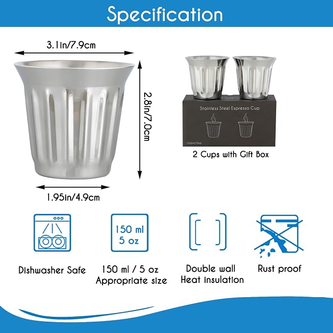 Easyworkz French Press 12 oz, Bundled Stainless Steel Double-Wall Espresso Cups 5 oz Set of 2, Vertical Stripe Design, Chrome