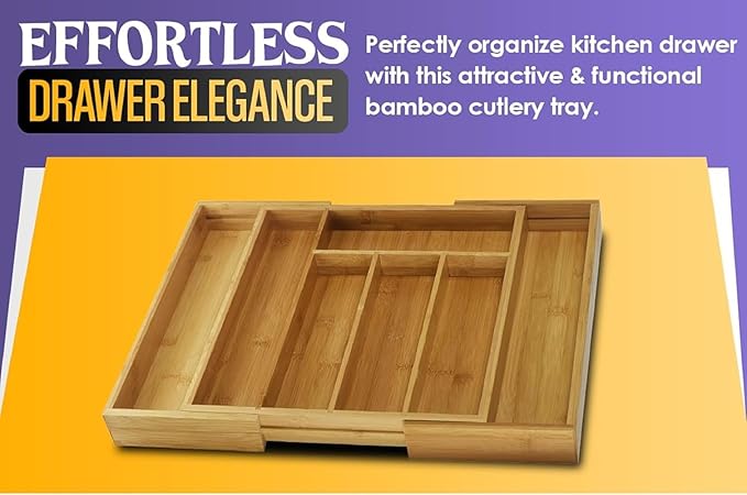 YBM Home Bamboo Cutlery Tray Flatware Silverware Drawer Organizer with 5 Compartments, 338