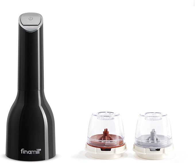 FinaMill Classic Battery Spice Mill – Battery Operated Salt and Pepper Grinder Set, Includes 2 Interchangeable Spice Pods, Adjustable Coarseness, Ceramic Grinder, LED Light, Home and Kitchen Gift Set