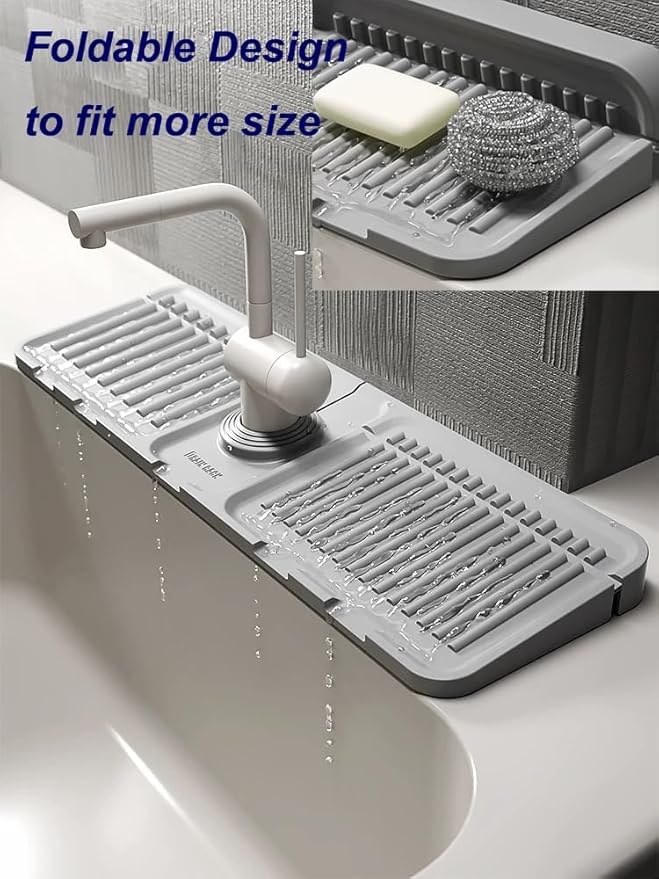 2 Pcs 40x12 cm Silicone Faucet Mats for 3.5-6cm Faucets Handle Drip Catcher Tray Faucet Sink Splash Guard Drying Mat for Kitchen Bathroom Counter Drying Pad Faucet Draining Pad (Grey)