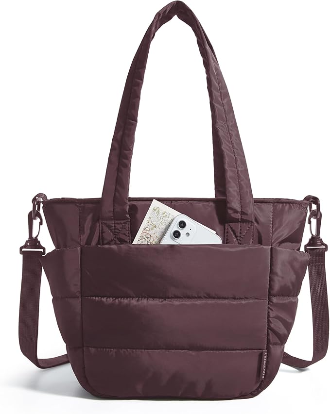 BAGSMART Lunch Bag Women Small Insulated Tote with Lunch Compartment Quilted Lightweight Puffy Tote Bag for Work, Travel, Outdoor, Crimson Purple