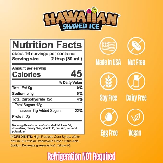Hawaiian Shaved Ice Dreamsycle Syrup - Nut Soy Dairy Free - Flavor Fluffy & Crunchy Snow Cones - Shelf Stable - Makes 8 Servings - 16 ounces