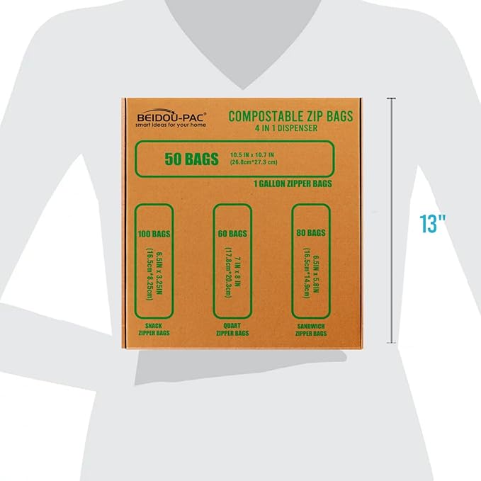 BEIDOU-PAC Compostable Combo Storage Zip Bags, 290 Count Resealable Variety Pack with Organizer, Reclosable Biodegradable Eco-Friendly Compost Snack, Sandwich, Quart, Gallon Assorted Size Bags