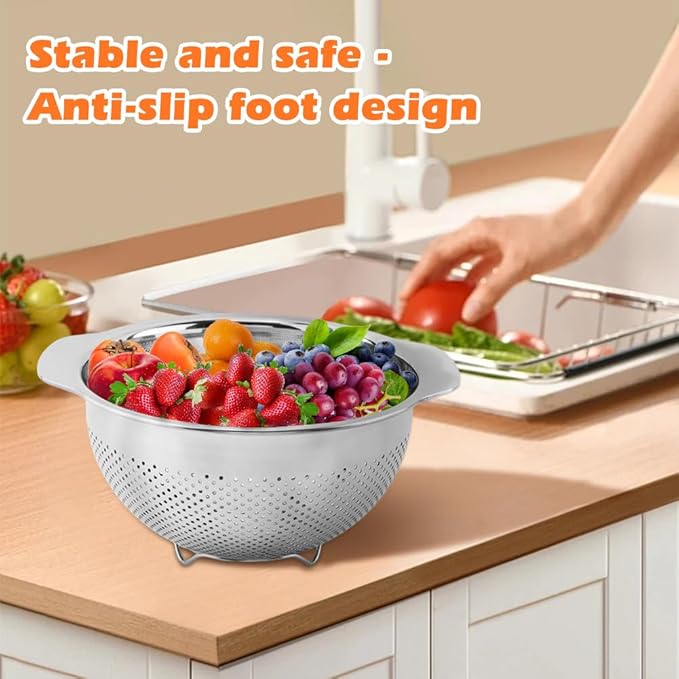 Stainless Steel Colander Set of 3 (2-3-5Quart),Micro-Perforated Colander Strainer with Handle,for Draining Rinsing Washing, Ideal for Pasta Vegetables Fruits,Dishwasher Safe