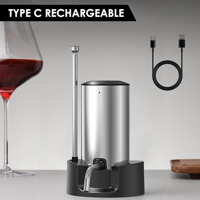 Electric Wine Aerator Pourer Decanter Type C Rechargeable Automatic Wine Dispenser with Retractable Tube Stand Base for One-Touch Instant Oxidation for Wine Lovers