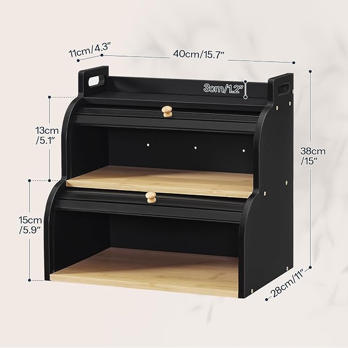 HOOBRO Bread Box, Bamboo Bread Box for Kitchen Countertop, 2-Tier Roll-Top Bread Bin, Food Storage Box, Bamboo Storage Cabinet with Handles, for Kitchen, Dining Room, Black BK15MB01
