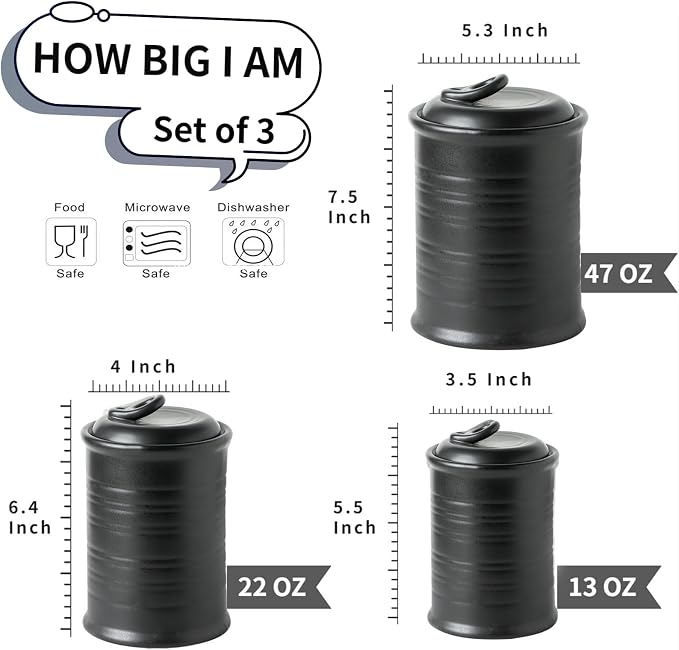 Nihow Food Storage Jar,Ceramic Canister Sets for The Kitchen,Set of 3,Black | Air Tight Lid,Seal Damp-proof,For Flour/Sugar/Rice/Coffee/Cookies/Candy,Kitchen Counter Canister/Dishwasher Safe