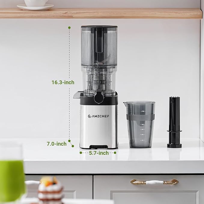 Cold Press Juicer Machine, 5.3" Extra Self-Feeding Chute for Whole Vegetables & Fruits, Large Auger & Triple Strainers, High Juice Yield, Easy to Clean, Stainless Steel Silver