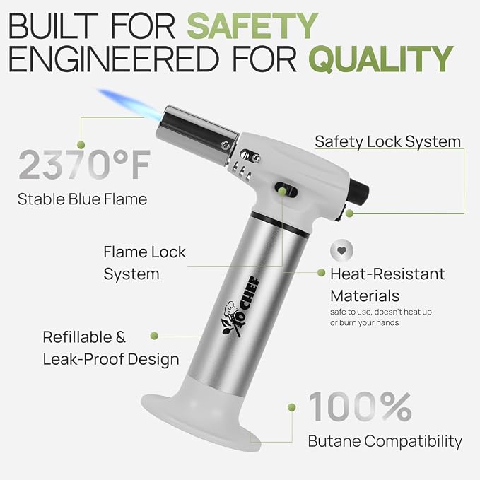 Jo Chef FireClick Mini Kitchen Torch – Beginner-Friendly Butane Torch with Safety Lock, Adjustable Flame, One-Hand Use – Ideal for Crème Brûlée, BBQ, Crafts & DIY – 2 Cans (3.38oz) Included