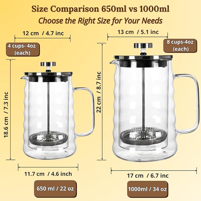 Large Wavy Glass French Press Coffee Maker 34oz – Double-Wall Borosilicate Coffee Press with Stainless Steel Filter – Manual Coffee Brewer & Tea Press – 1 Litre Glass French Press