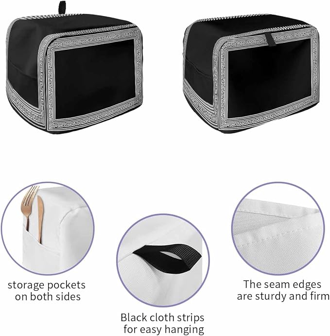 Black Geometric Toaster Cover 4 Slice, Greek Key Design Dustproof Bakeware Oven Protector with Top Hook, Abstract Modern Art Waterproof Small Kitchen Appliance Toasters Dust Cover, 12"x11"x8"