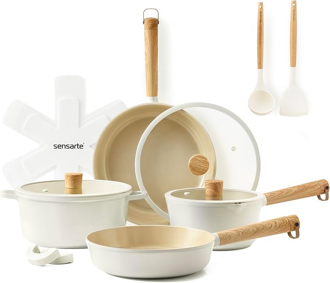 SENSARTE Ceramic Cookware Set 14Pcs, Nonstick Pots and Pans Set, Healthy Non Toxic Induction Cooking Set, Stackable Cookware with Kitchen Utensils, Pot Protectors, PFAS/PTFE Free