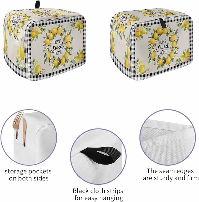 Summer Lemon Toaster Cover 4 Slice, Farmhouse Black Check Dustproof Bakeware Oven Protector with Top Hook, Plaid Vintage Waterproof Small Kitchen Appliance Toasters Dust Cover, 12"x11"x8"