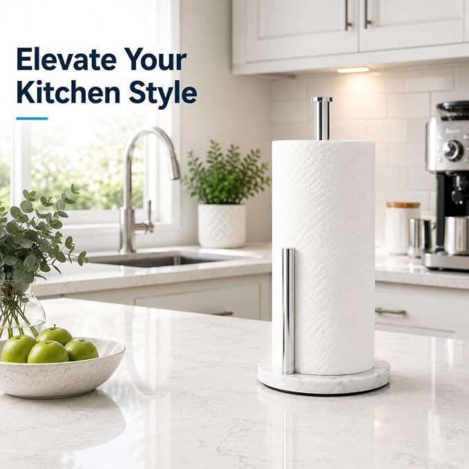 Chrome Paper Towel Holder,Stainless Steel Paper Towel Holder for Kitchen Roll Organize, Standard or Jumbo-Sized Roll Paper, Countertop Roll Dispenser with Marble Base