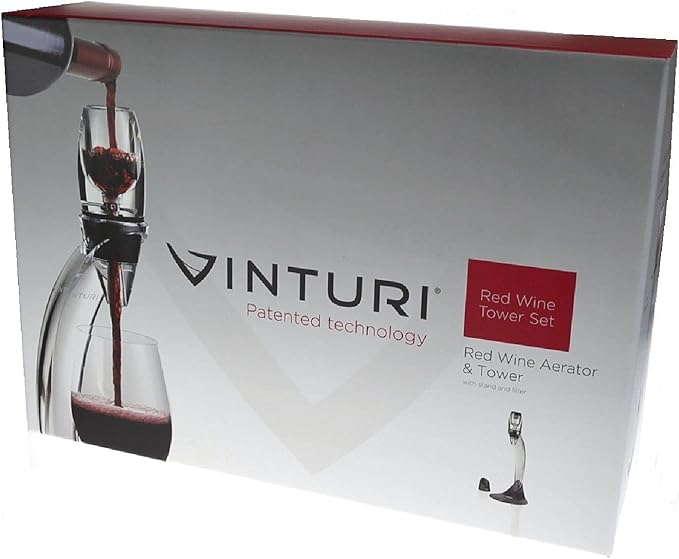 Vinturi Wine Aerator Deluxe Essential Red Wine Pourer and Decanter Tower Stand Set Easily and Conveniently Aerates Wine by the Bottle or Glass and Enhances Flavors with Smoother Finish, Black