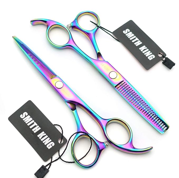 5.5 Inches Hair Cutting Scissors Set with Razor Combs Lether Scissors Case,Hair Cutting Shears Hair Thinning Shears for Personal and Professional (Raibow)