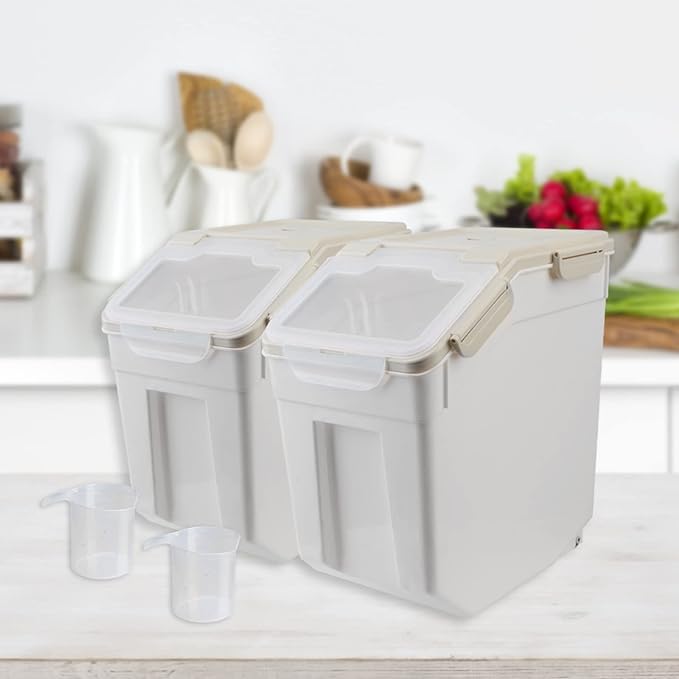 Large Flour Storage Container Bin 50lb, 2Pack Airtight Rice Storage Containers with Wheels Seal Locking Lid, BPA Free with Measuring Cup&Scoop for Flour, Rice, Grain(Gray)