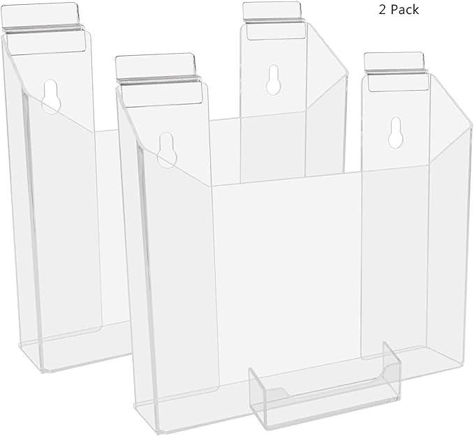 Marketing Holders 2 Pack Slatwall 8.5" Wide Brochure Holder for Catalogs and 3.5" x 2" Business Cards Clear Acrylic Space Saving Display Rack in Retail Stores and Offices No Assembly Required