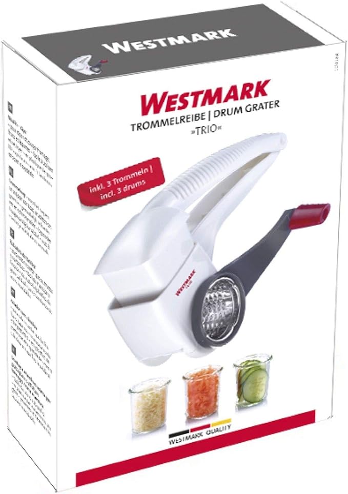 Westmark Multipurpose Rotary Cheese & Vegetable Grater Cutter Slicer Shredder with 3 Interchangeable Stainless Steel Drums (White)