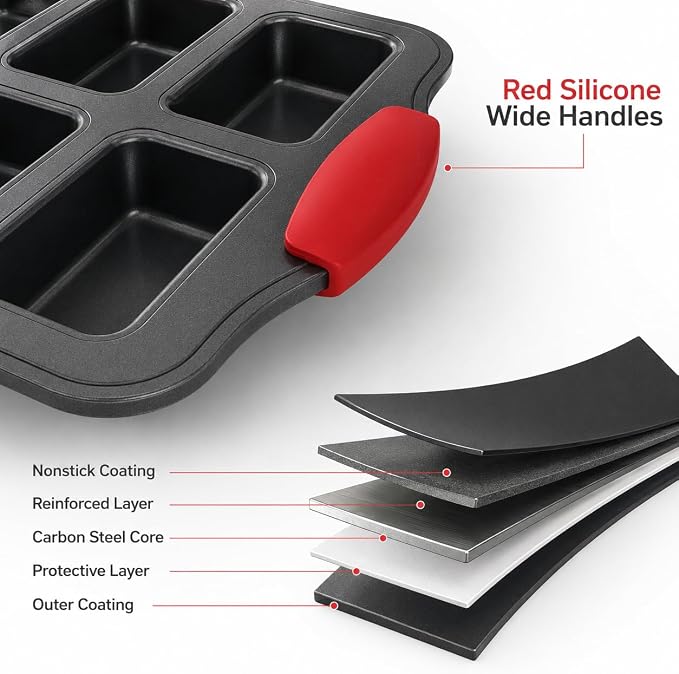 Mini Loaf Baking Pans, 2 Pack 8-Cavity Carbon Steel Banana Bread Pan and 100 Parchment Liners, Nonstick Mini Loaf Pan for Baking Bread, Cornbread, Brownies