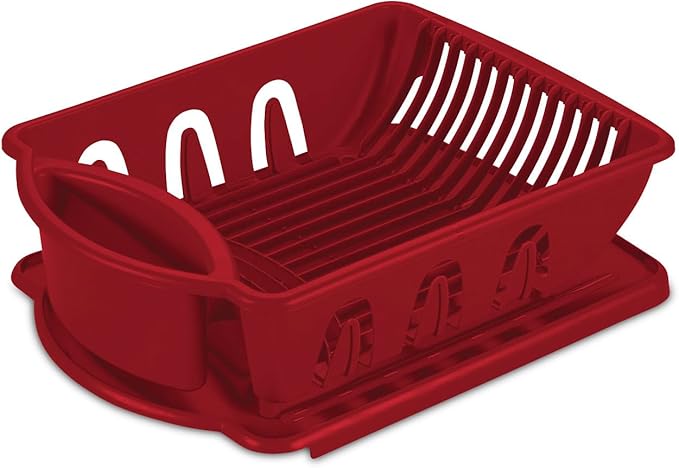 Sterilite 2 Piece Sink Set, With Drainboard for Drying, Holds Clean Dishes in the Kitchen such as Plates, Cups, Bowls, and Silverware, Red, 6-Pack