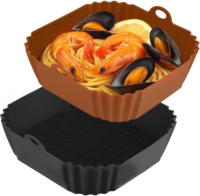 Boribim 9 Inch Large Air Fryer Silicone Liners - 2 PCS Square Reusable AirFryer Basket Liners for 5-8QT Air fryer, Air fryer Accessories for Baking Roasting Microwave (Black + Brown)