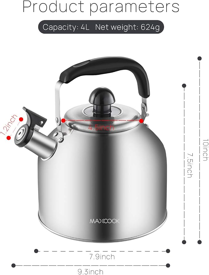 4.2 Quart/4L Stainless Steel Whistling Tea Kettle,Brushed Satin, Suitable to Boiling Water & Tea on Induction Stove, Gas Stove Top Teapot