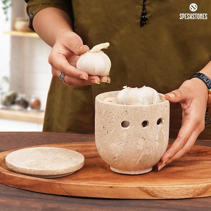 Marble Garlic Keeper 4.5 Inch Handmade Travertine Garlic Holder for Counter & Fresh Garlic Cloves, Storage Container for Gifts, Garlic Saver for Kitchen Countertop Decor