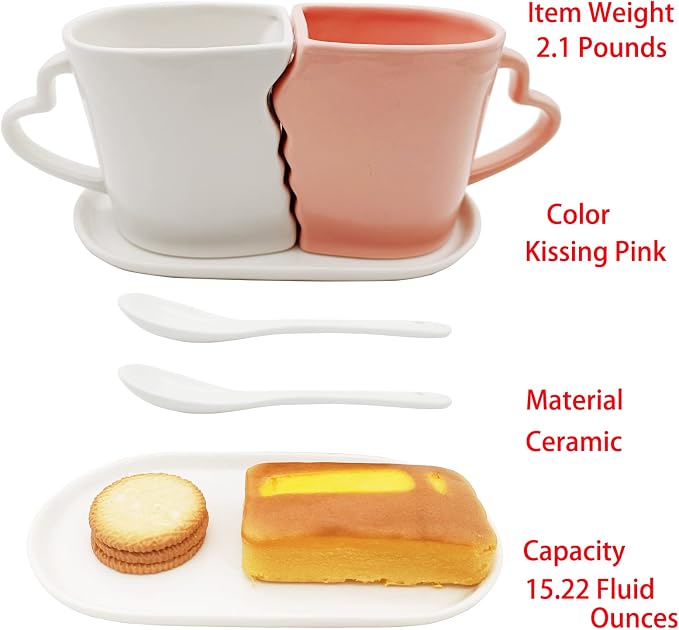 Large Kissing Mugs Set 16oz Kiss Couples Two Coffee Cups with Saucer Love Gifts for Anniversary, Wedding, Valentines, Birthday, Engagement, Lovers Household Tableware White Pink Ceramic