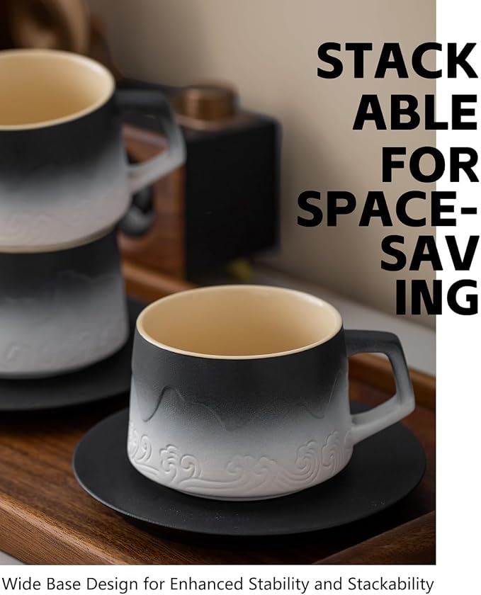 8 oz Cappuccino Cups Set of 2, Embossment Artistic Ceramic Coffee Cups with Saucers Set for Latte Art, Stoneware Cups for Cafe Au Lait, Black Tea, Coffee Lovers Gifts