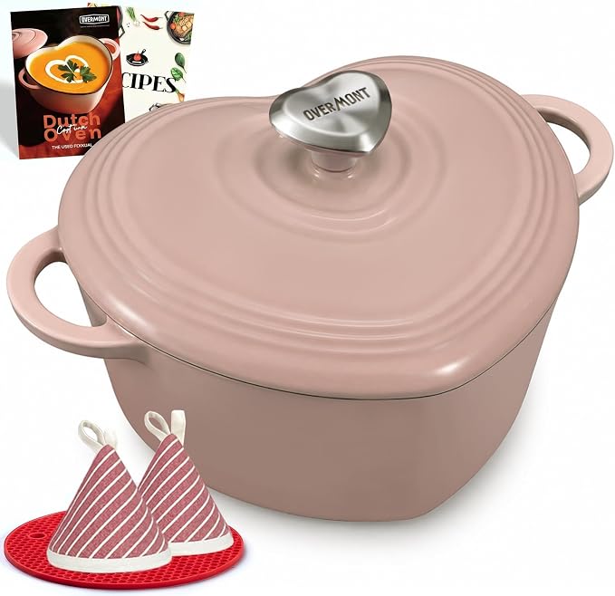 Overmont Heart-Shaped Enameled Cast Iron Dutch Oven, 2QT Pink Mini Pot with Lid for Cozy Meals, Soups & Small Batch Baking, Cute Kitchen Cookware Gift for Wedding, Housewarming & Birthday