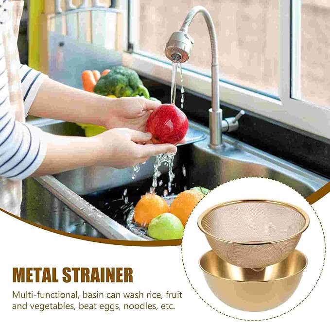 Multi-functional Stainless Steel Rice Washing Bowl - Gold Kitchen Strainer for Rice, Vegetables & Fruit - Durable and Elegant Design