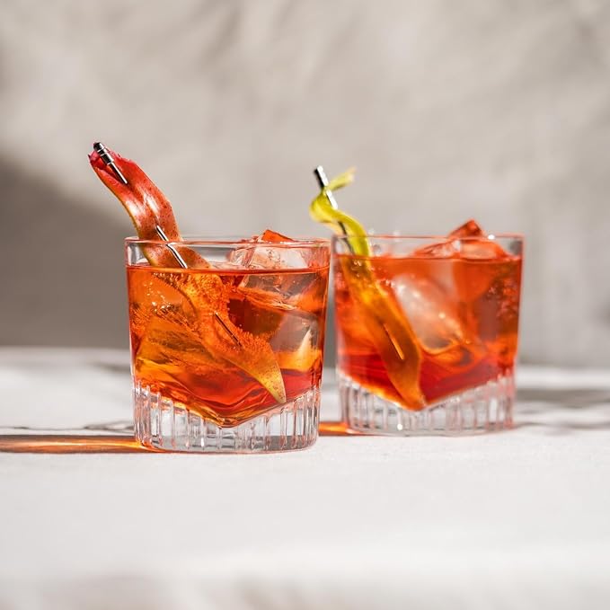 NUDE Whiskey Glasses Set of 4 – Caldera 11 oz Lead-Free Crystal Old Fashioned Rocks Glasses for Whisky, Scotch & Bourbon – V-Shape Motif Base, Dishwasher Safe Barware