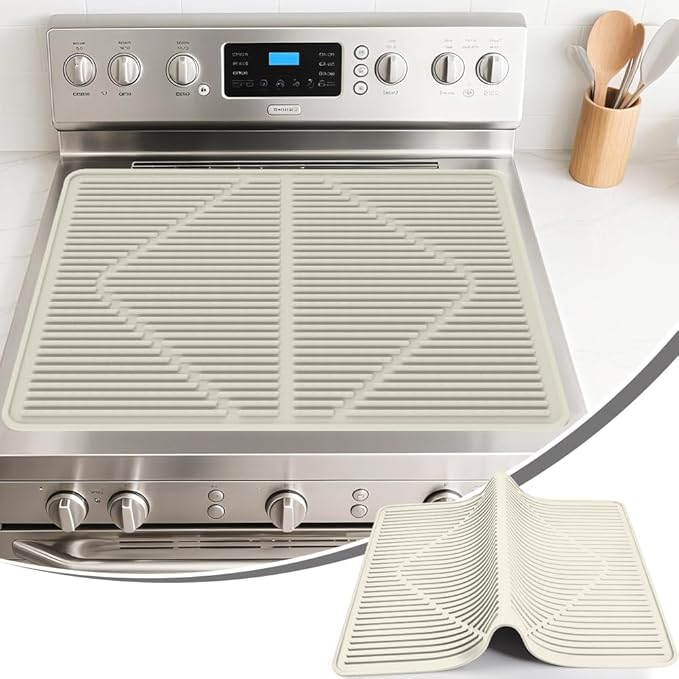 KindGa Stove Cover - Stove Top Covers for Electric Stove - More Thick - 28 x 20 Inch Stove Guard Stove Top Protector, Silicone Stovetop Cover Cooktop Mat for Kitchen Glass Stove Top -Pearl