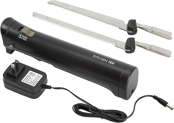 Restaurantware-Kitchen Tek Electric Knife Set, 1 Electric Knife With Motorized Handle - Includes 1 Bread And 1 Carving Tool, Ergonomic, Black Plastic Food Cutter With Stainless Steel Blades