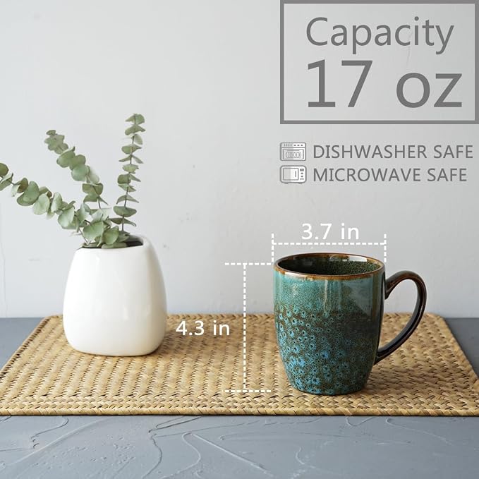 Bosmarlin Ceramic Coffee Mug Set of 4, 17 Oz, Coffee Cups with Big Handle, Microwave Safe, Unique Reactive Glaze (Blue)