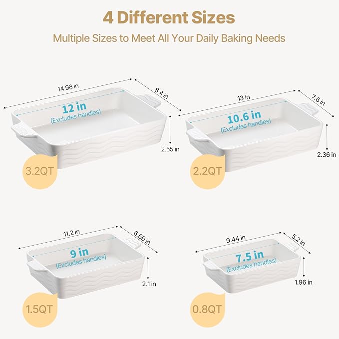 Estmoon Casserole Dishes for Oven, Ceramic Baking Dishes Set of 4, Porcelain Baking Pan with Handles, Rectangular Lasagna Pan for Baking, Wedding Gifts, Casserole, Kitchen, White(7.5''/9"/10.6"/12")