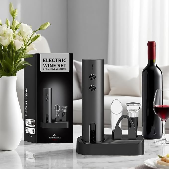 Electric Wine Opener Set Rechargeable with Base, 5-in-1 Wine Bottle Opener Electric Kit Includes Wine Aerator, Foil Cutter & Vacuum Stopper, Automatic Wine Opener for Home, Camping & Gifts