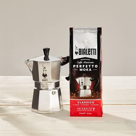 Bialetti 3 Cup Moka Pot and Ground Coffee Bundle 8.8 oz Bag - Italian Medium Roast Rich Barista Style Grounds with a Small Stovetop Espresso Maker Home Brewing Café Kitchen Appliance for Daily Use