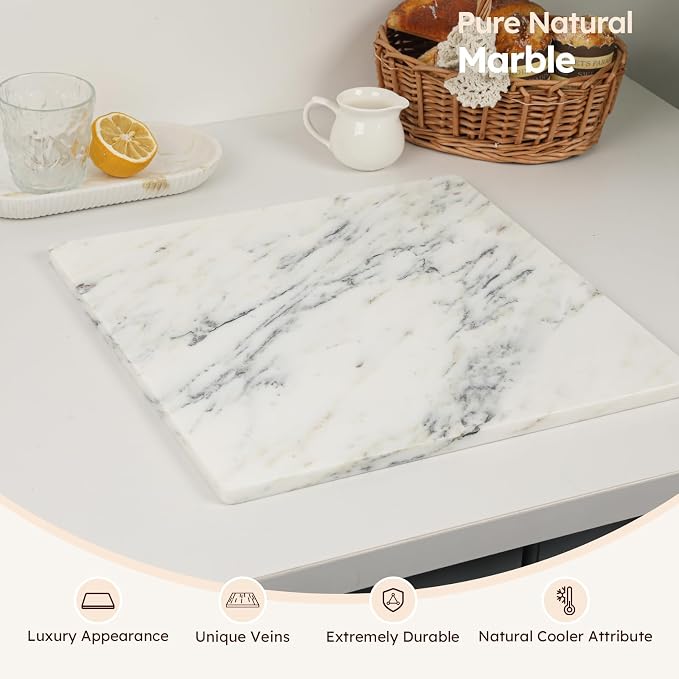 Diflart Marble Cutting Board for Kitchen Ink White 16x16 Inch Non-Slip Feet | Natural Stone Slab Pastry Board for Baking, Cheese, Service, Charcuterie, Dough, Chocolate, Pack of 1 Piece