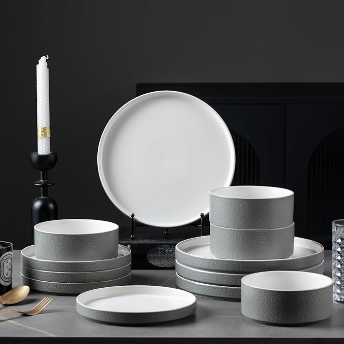 Grey Ceramic Dinnerware Set for 4, 12 Piece Porcelain Plates and Bowls Set, Modern Stoneware Chip and Scratch Resistant Dinner Plate Sets, Everyday Dish Sets, Microwave and Dishwasher Safe