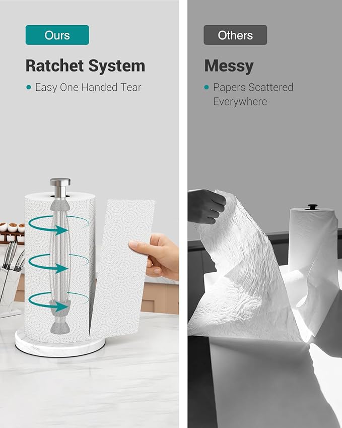 Marble Paper Towel Holder Countertop, Stainless Steel, One-Handed Tear, Freestanding Paper Towel Stand Rack with Ratchet Mechanism for Kitchen Toilet Bathroom Essentials Decor Accessories, Silver