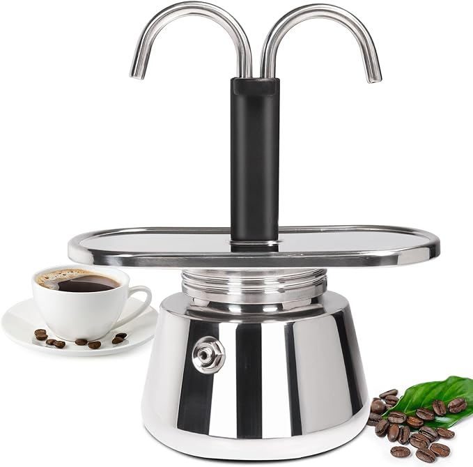 2 Cup Dual Pipe Moka Pot Stainless Steel Stovetop Espresso Maker Cafeteras Italian Percolator Espress Makers Capable Greca Mocha Coffee Machine for Induction Home 150ml 5.1oz